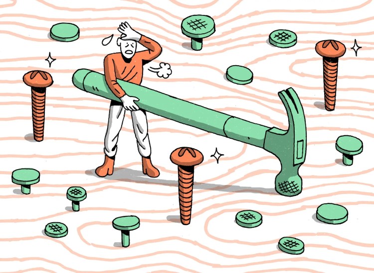 Illustration of a white man using a large hammer on screws, rather than nails