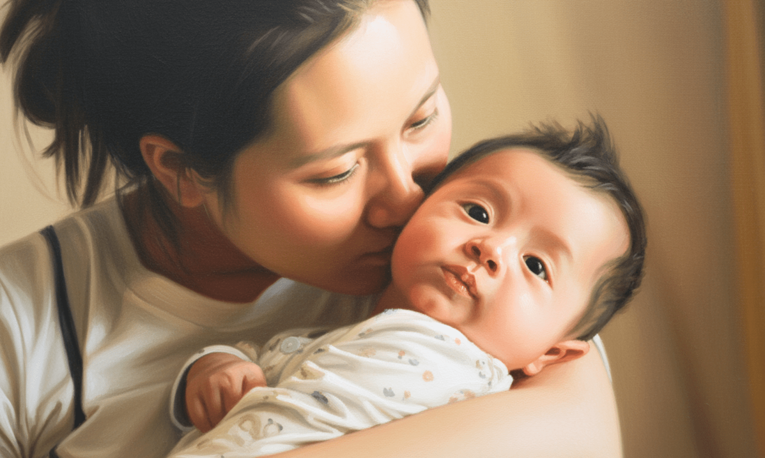 A young Asian woman kisses her baby's cheek, as the baby looks at the camera