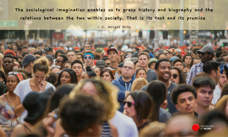 A multi-racial crowd of people walking down a busy street. Text reads: The sociological imagination enables us to grasp history and biography and the relations between the two within society. That is its task and its promise. - C. Wright Mills