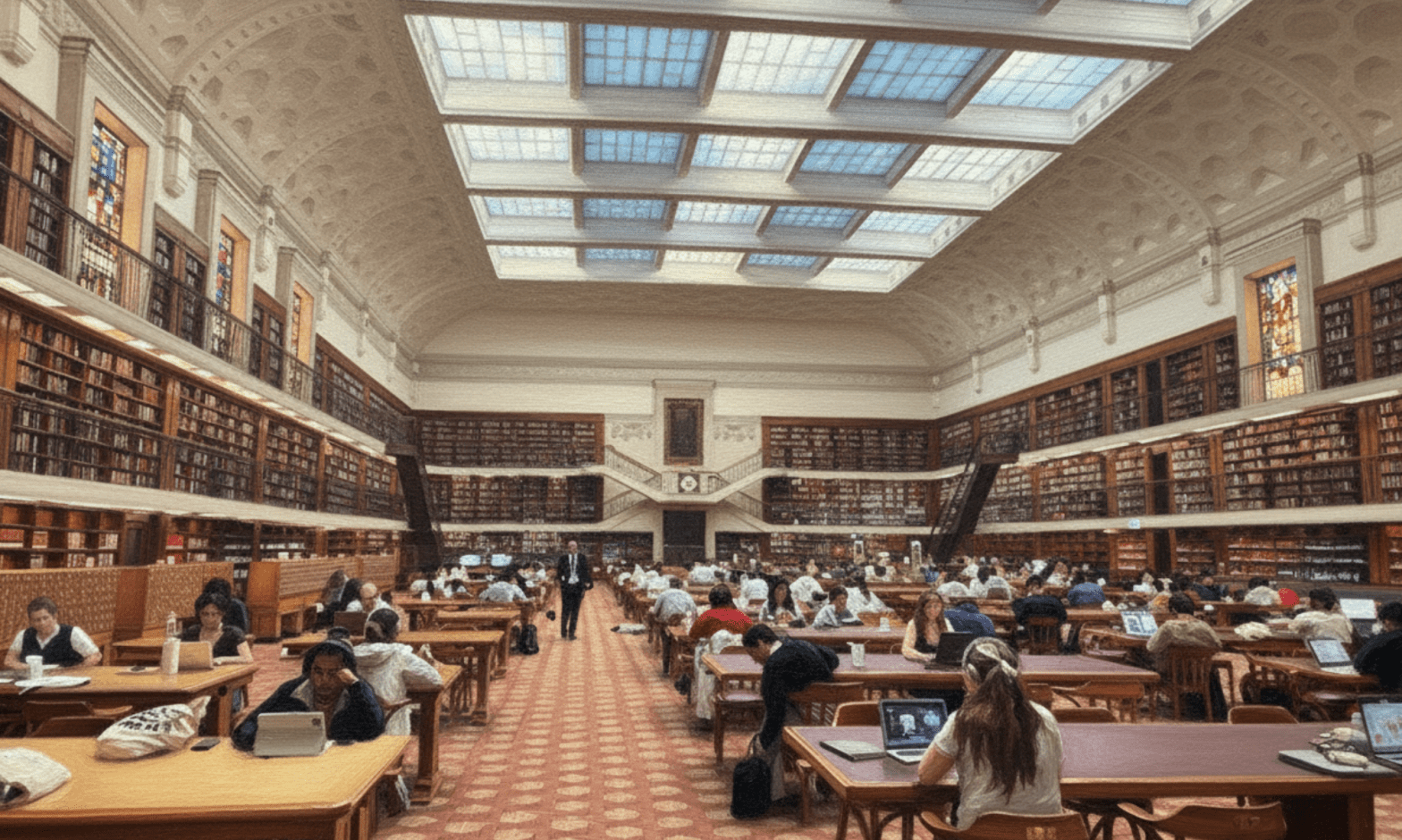 A library reading room is full of people working on laptops