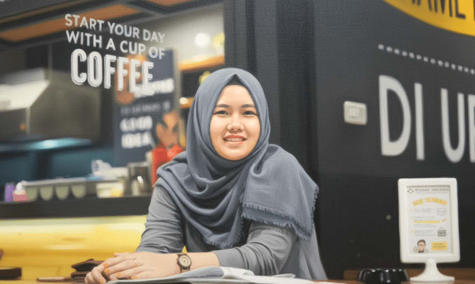 Drawing of a smiling woman in hijab sitting in a cafe