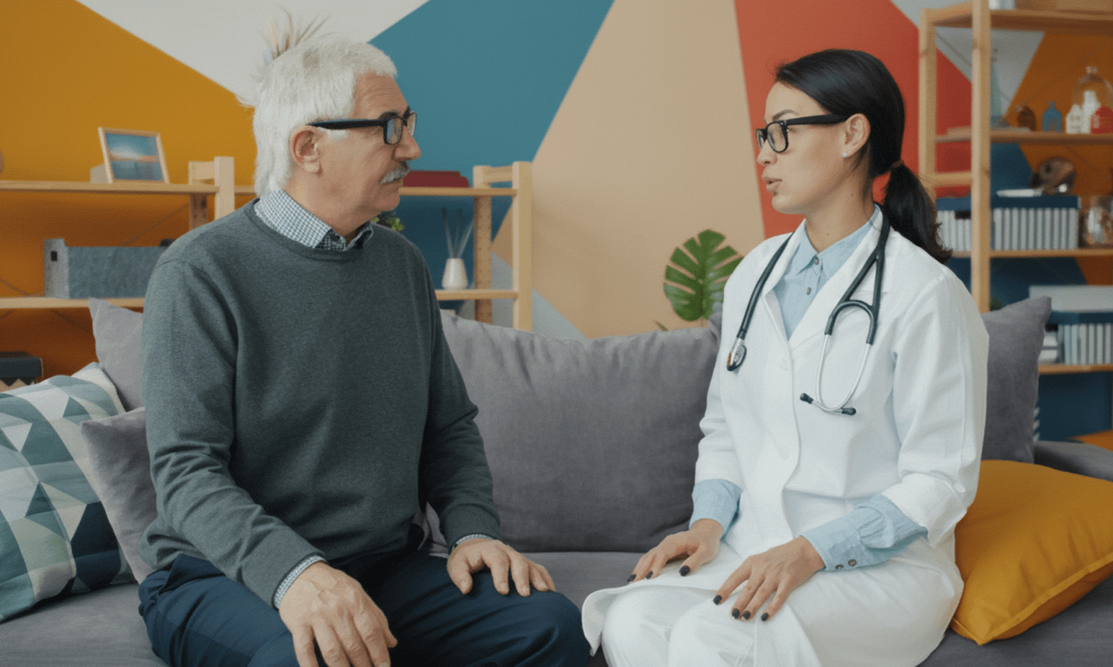 A white elderly man with white hair sits on a couch beside an Asian woman doctor, who is speaking