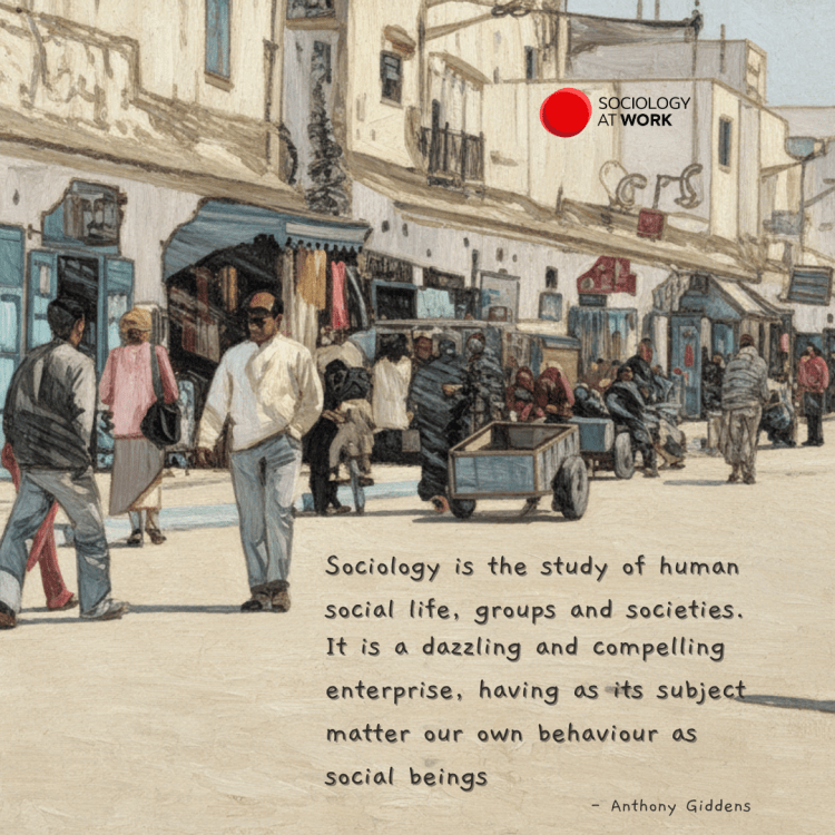 Infographic of people walking through a market in Cairo, Egypt. Text reads: Sociology is a dazzling and compelling exercise, having as its subject-matter our own behaviour as social beings. - Anthony Giddens