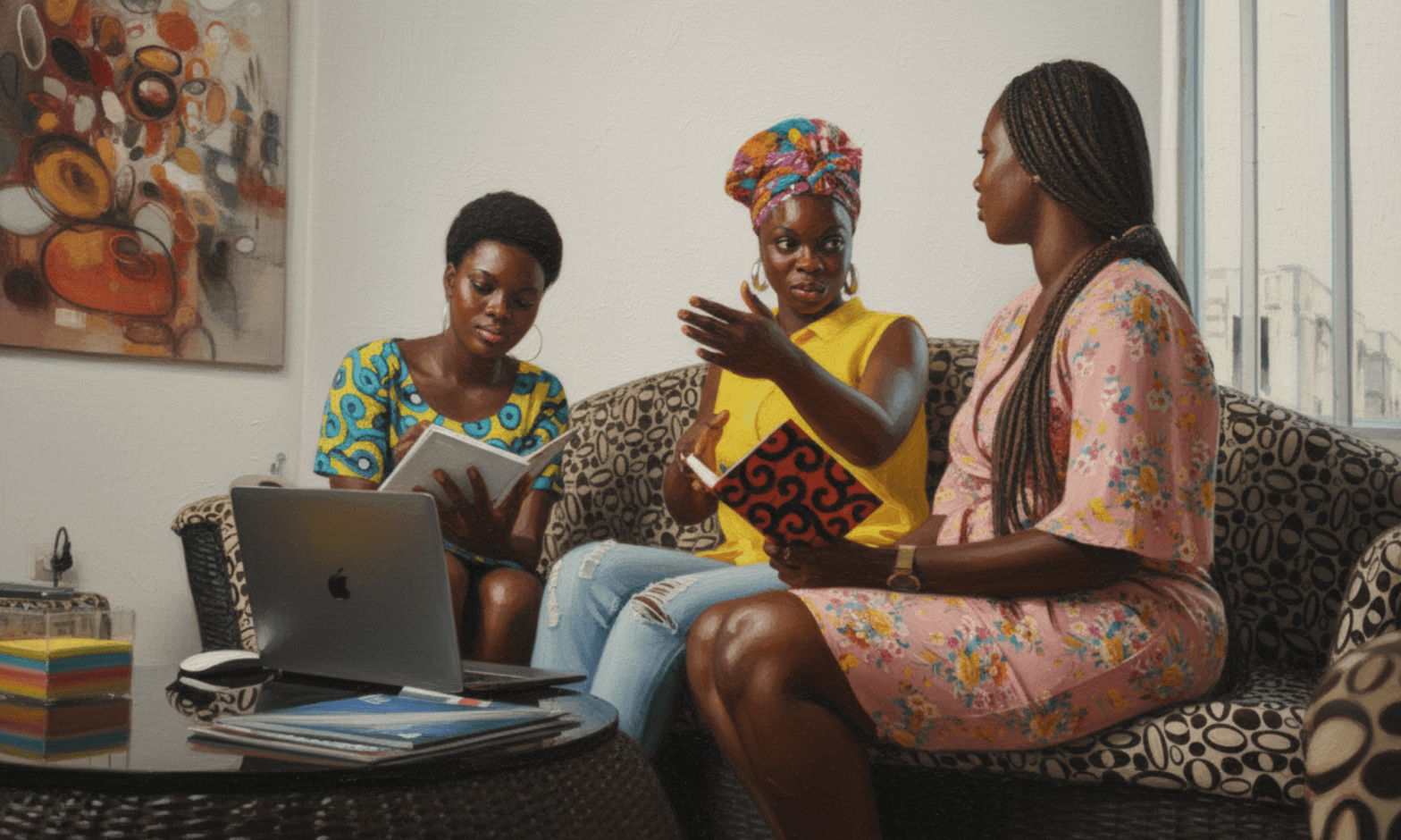Three young Black women sit on a couch in front of a laptop. One woman takes notes, while another gestures, and the third woman is listening, seated in profile