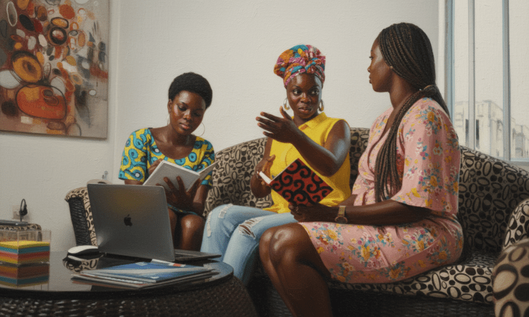 Three young Black women sit on a couch in front of a laptop. One woman takes notes, while another gestures, and the third woman is listening, seated in profile