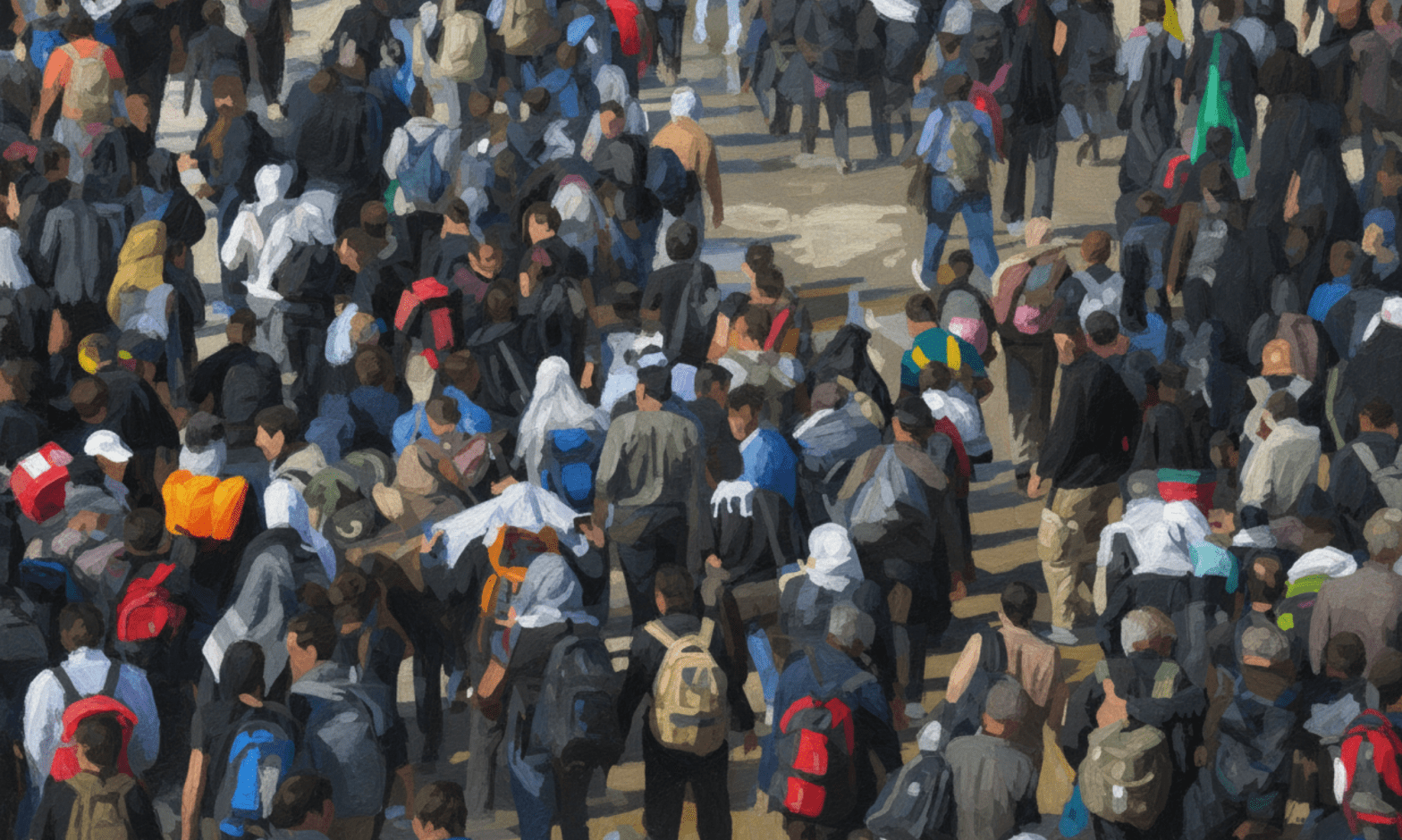 Illustration of a diverse crowd of people, including women in hijab and many wearing backpacks