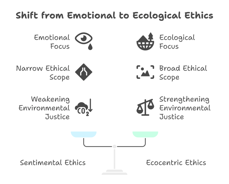 Infographic showing two columns with icons. On the left is 'sentimental ethics' illustrated via an eye, a road sign, and a cloud. On the right is 'ecocentric ethics,' illustrated via a mountain, a photo icon, and scales.