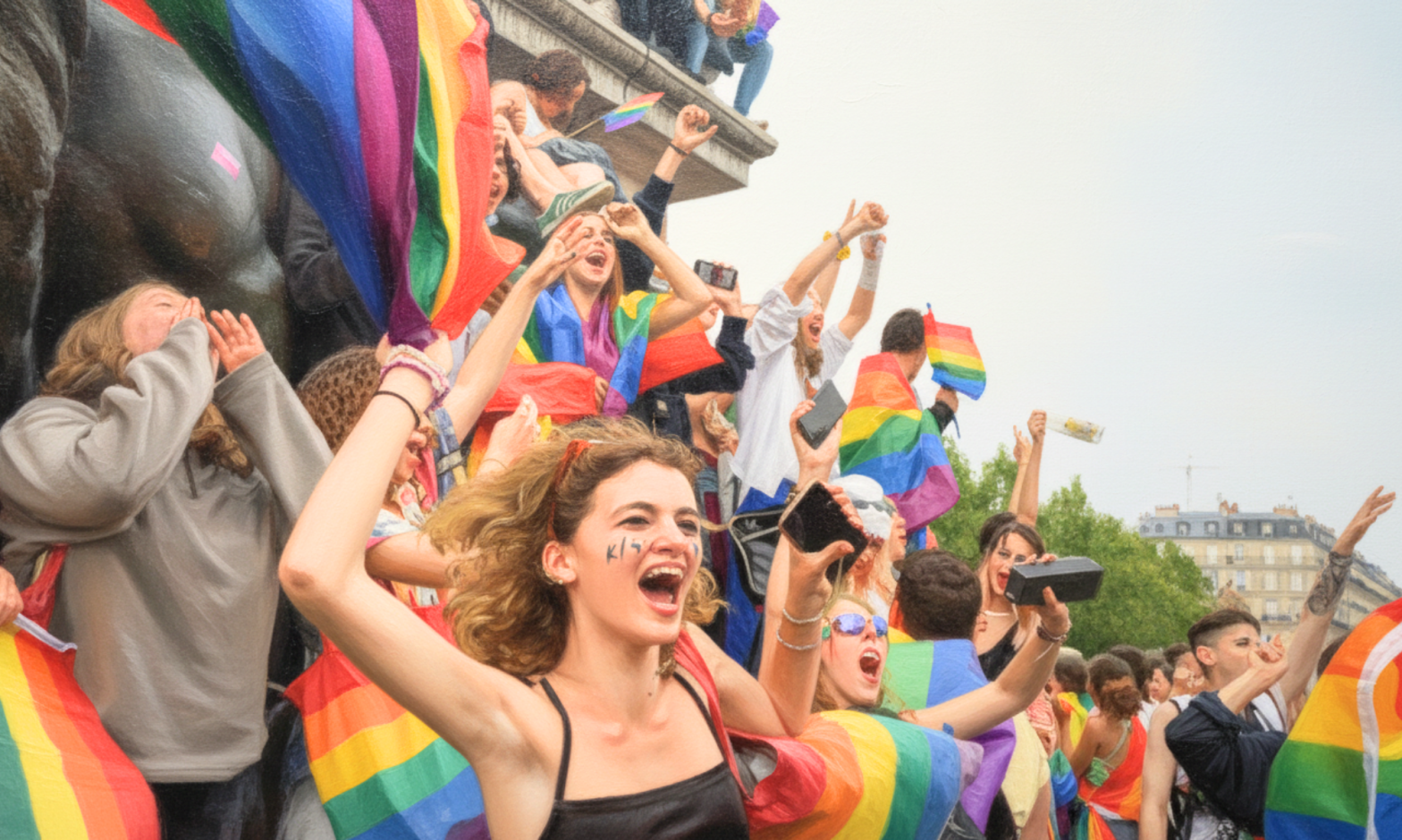 Young people wear the Pride flag as they yell and cheer happily