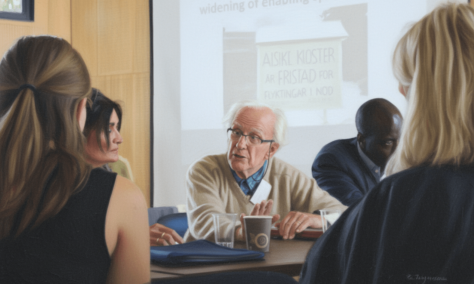 Prof Johan Galtung is seated in the centre of a table speaking. He is an older white man, with white hair balding, and he is wearing glasses. He is surounded by white women and a Black man
