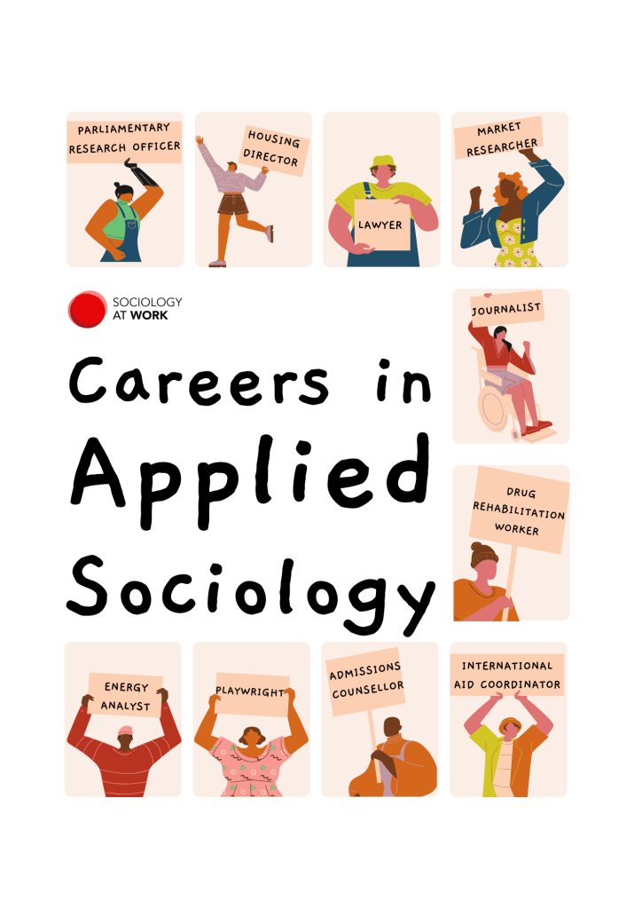 Diverse people of different races and disability hold placards and megaphones, with their job titles on the signs, such as parliamentary research officer, lawyer, journalist, playwright, and energy analyst