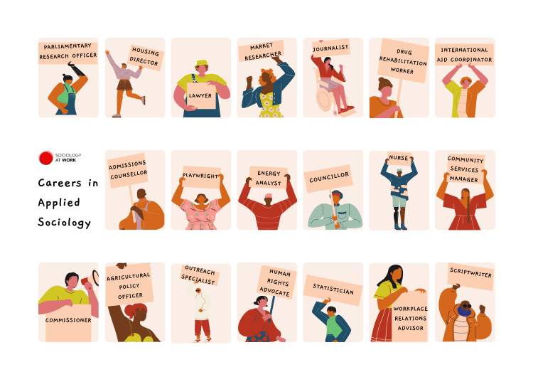 Infographic of diverse people of different races and disability hold placards and megaphones, with their job titles on the signs, such as councillor, nurse, and scriptwriter