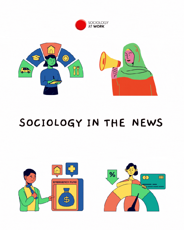 Animation of people writing on a tablet, holding a megaphone, speaking into a microphone, and stand with various graphs and signs