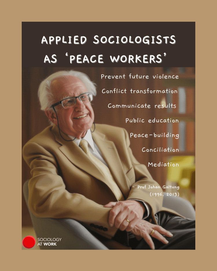 Prof Johan Galtung is an older white man, with white hair balding in the front, and he is wearing glasses. He sits in a chair, smiling, wearing a jacket