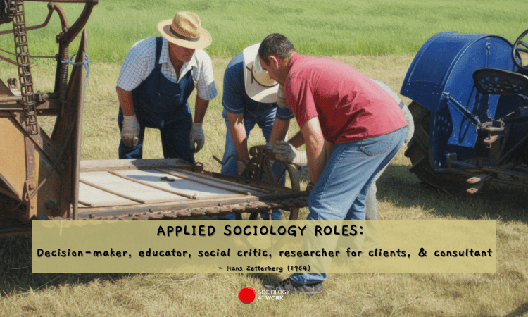 Four white older men huddle down over farming equipment. Text reads: Applied Sociology Roles: Decision-maker, educator, social critic, researcher for clients, & consultant