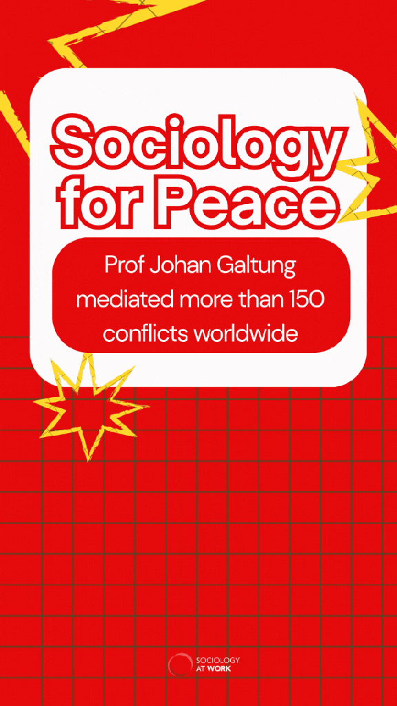 Johan Galtung is an older white man, with balding white hair, wearing glasses. He is featured reading books and waving in front of protesting students. The video lists examples of conflicts he mediated