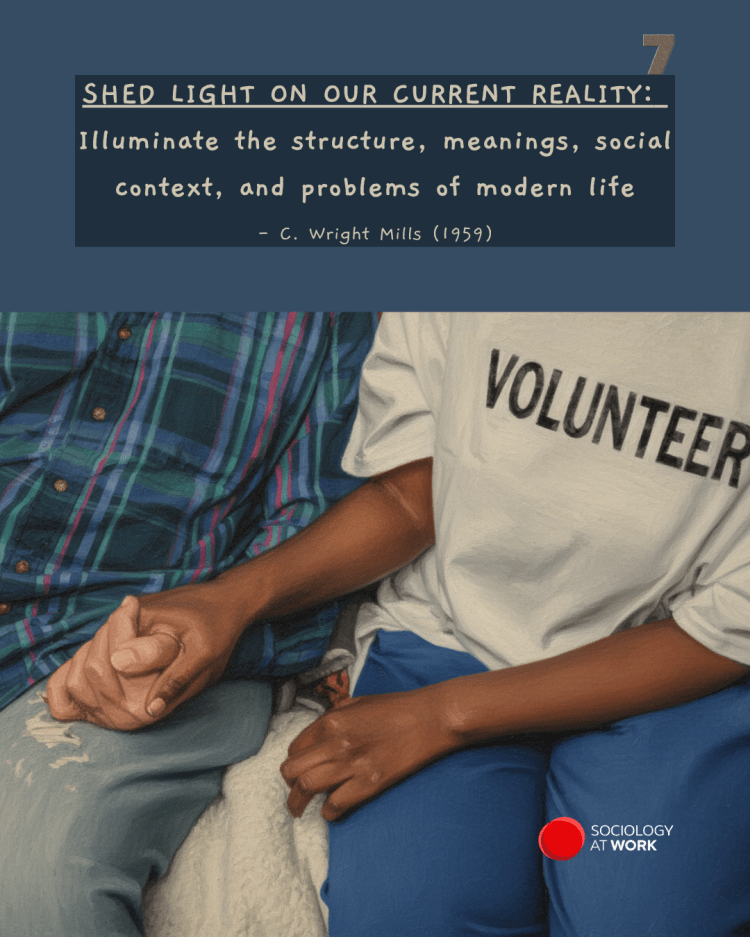 A Black woman wearing a t-shirt saying "VOLUNTEER" holds hands with an older white person