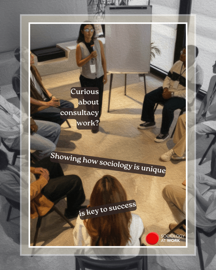 In a workshop, a Southeast Asian woman stands with a microphone, beside butchers paper, surrounded by people seated in chairs in a circle. Text reads: curious about consultancy work