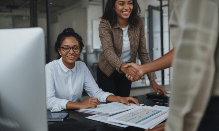 Two young Black women work behind a table. One of them leans over to shake someone's hand