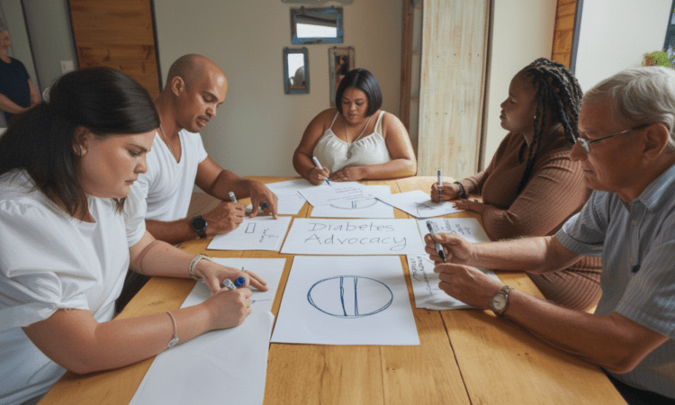 A diverse group of community members sit around a table drawing on papers ideas for 'diabetes advocacy'
