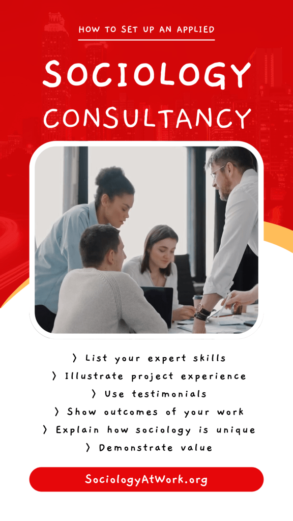 A Black woman and white man stand speaking while their colleagues sit in front of laptops. Text says: How to set up an applied sociology consultancy.