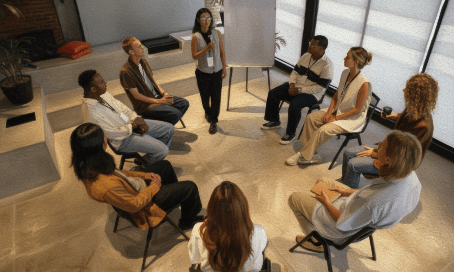 A woman stands beside a white board holding a microphone, while a diverse group of people sit in a circle, as if in a focus group