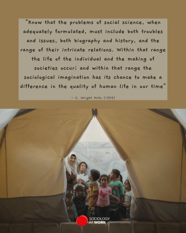 Children peer through a refugee tent. Quote from C. Wright Mills says โKnow that the problems of social science, when adequately formulated, must include both troubles and issues, both biography and history, and the range of their intricate relations. Within that range the life of the individual and the making of societies occur; and within that range the sociological imagination has its chance to make a difference in the quality of human life in our time.โ